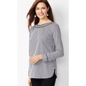 TALBOTS Piped Poplin Tunic Women Large B/W Striped LS Boat Neck Top Nautical